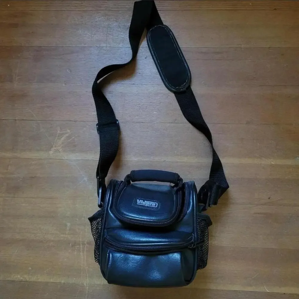 Vtg 90s VIDPRO Multi Zip Pocket Mesh Pocket Leather Camera Bag Case Sm/ Med